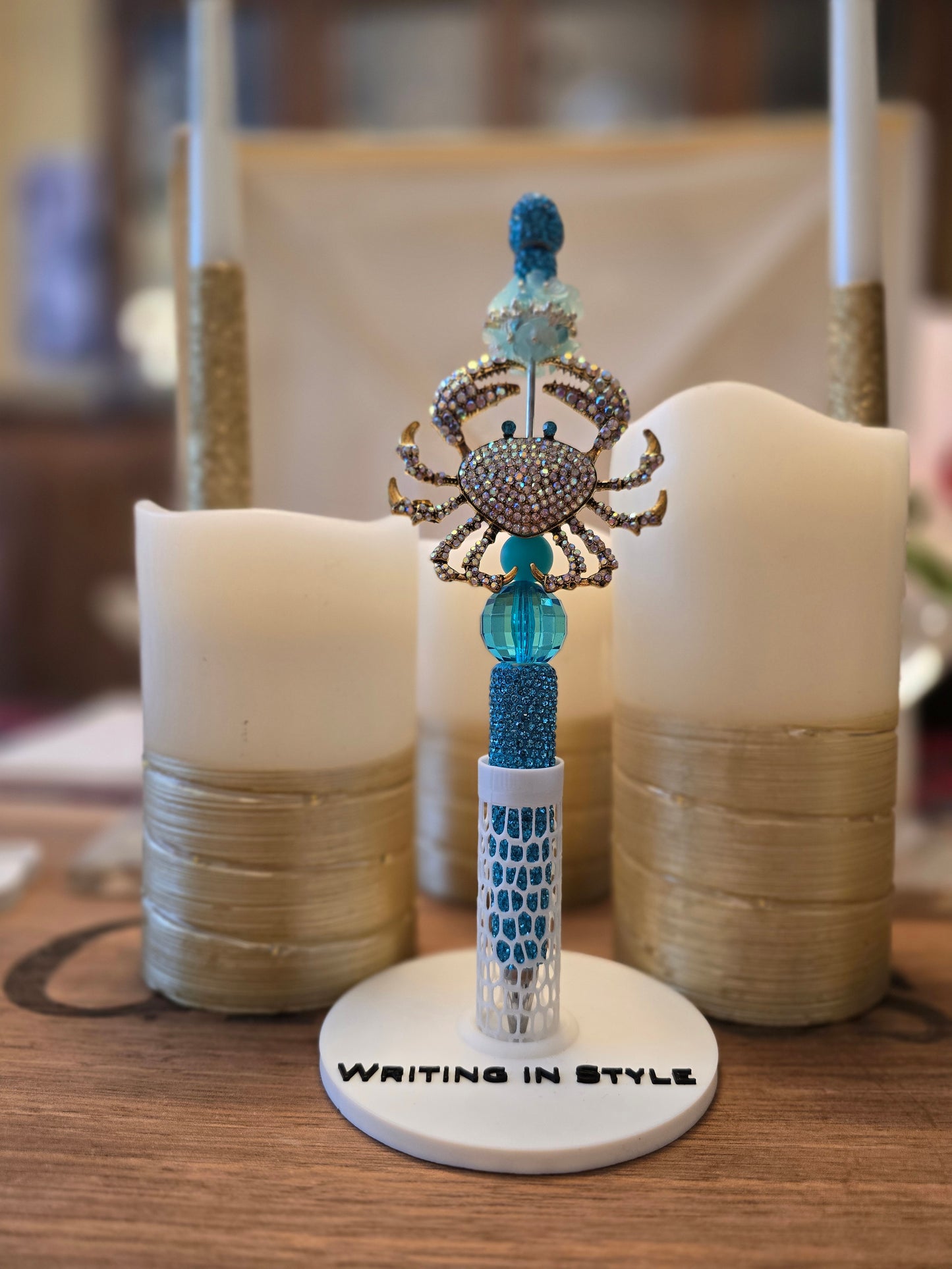 Collector's Aquamarine Crown Crab Beaded Pen – Classic Couture Style