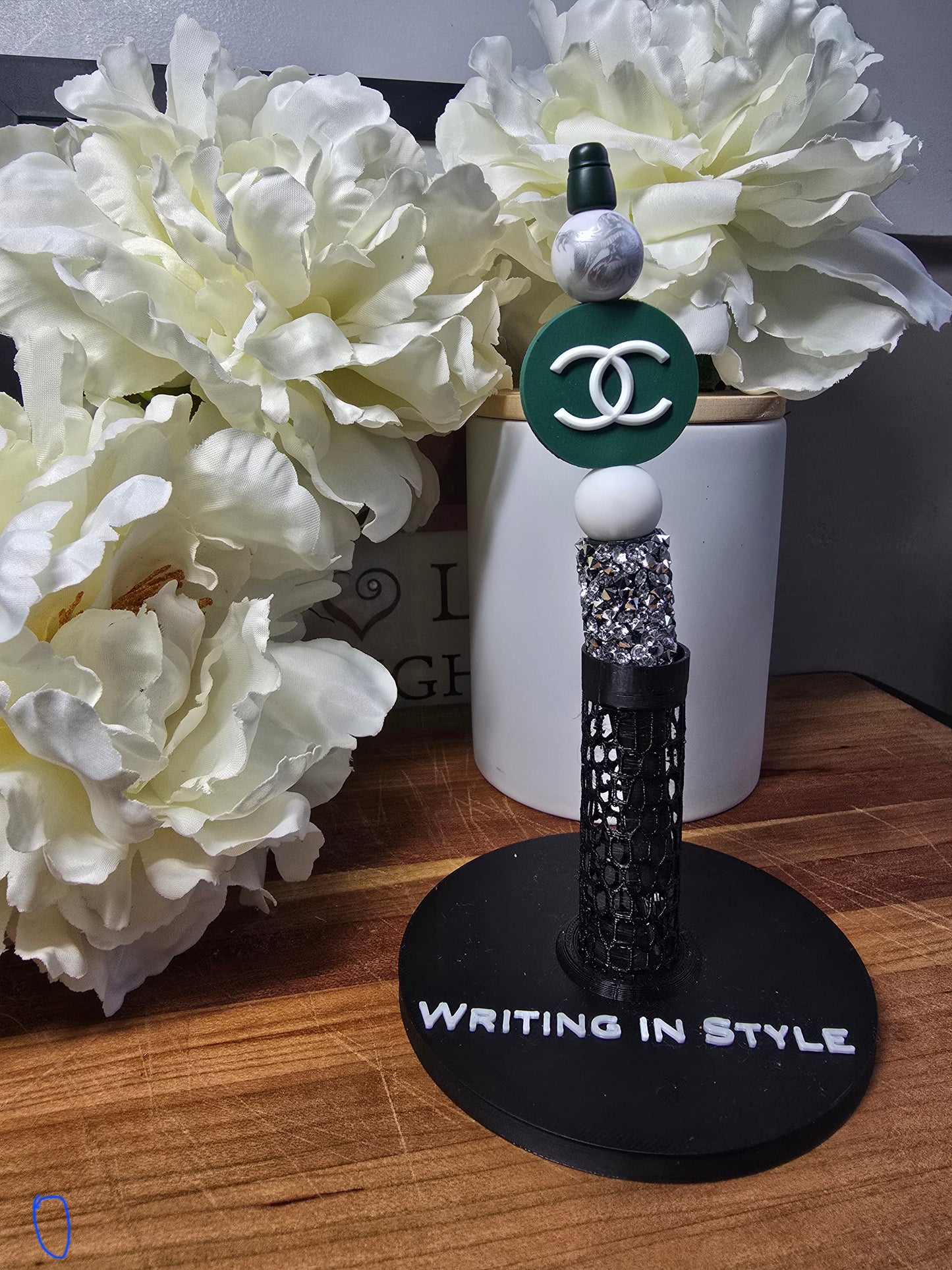 Emerald Noir Luxe Beaded Pen – Deep Green & Crystal Statement