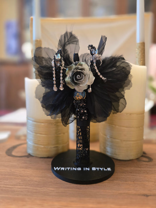 Collector's Black Rose Tulle Beaded Pen – Dramatic Elegance