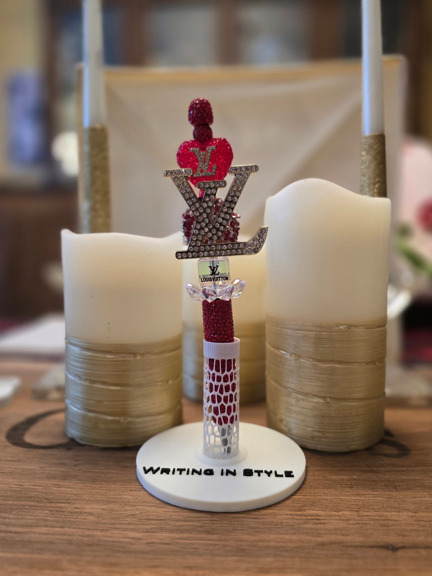 Collector's Crimson Couture Monogram-Inspired Luxe Beaded Pen