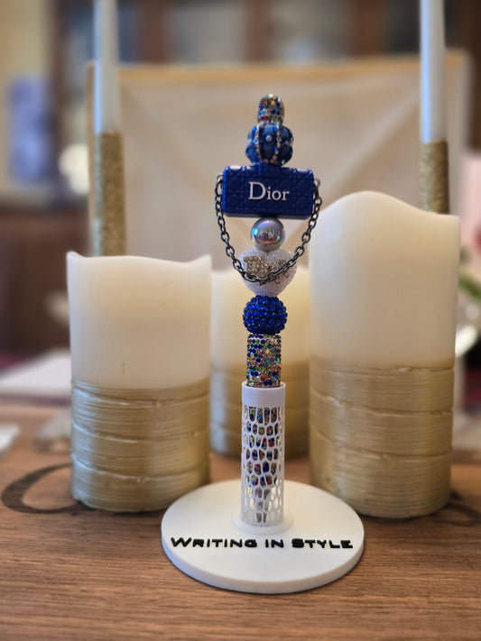 Collector's Sapphire Dior-Inspired Beaded Pen – Classic Couture Style
