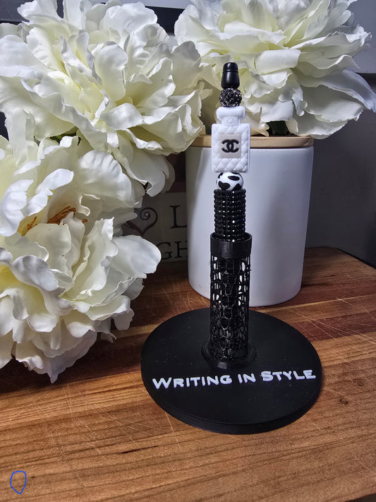 Ivory Noir Luxe Beaded Pen – Quilted Accent, Black Crystal Detail