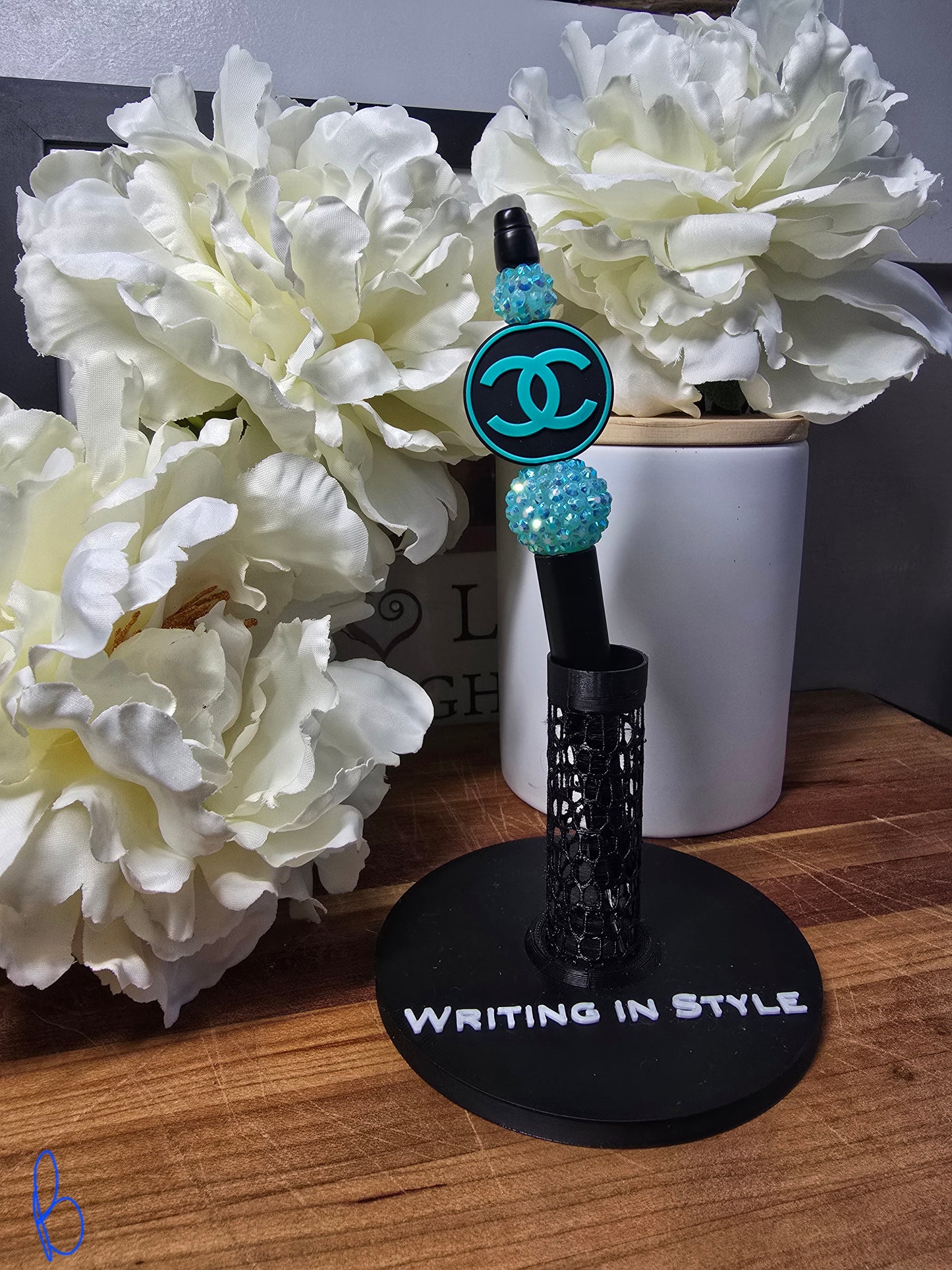 Aqua Noir Luxe Beaded Pen – Teal Crystal Accent, Fashion-Inspired