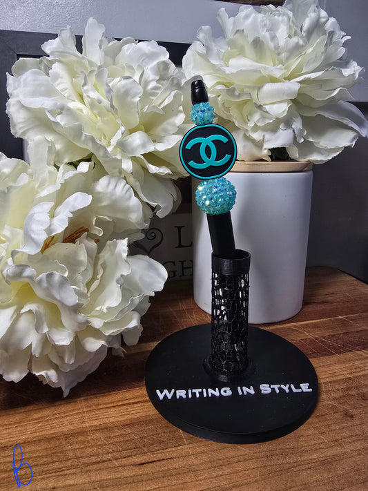Aqua Noir Luxe Beaded Pen – Teal Crystal Accent, Fashion-Inspired