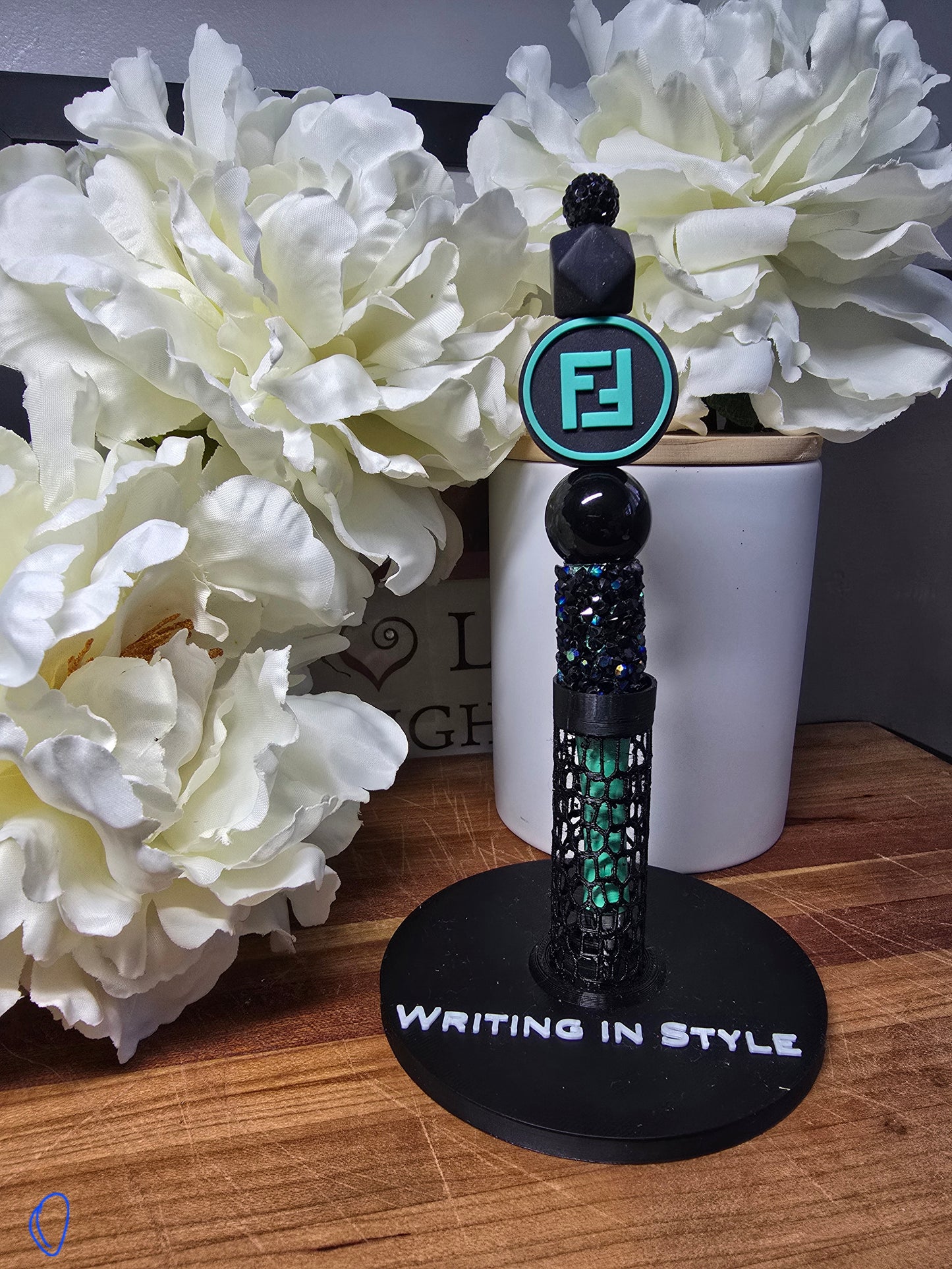 Designer-Inspired Black & Teal Initial Beaded Pen – Luxe Fashion Statement Pen