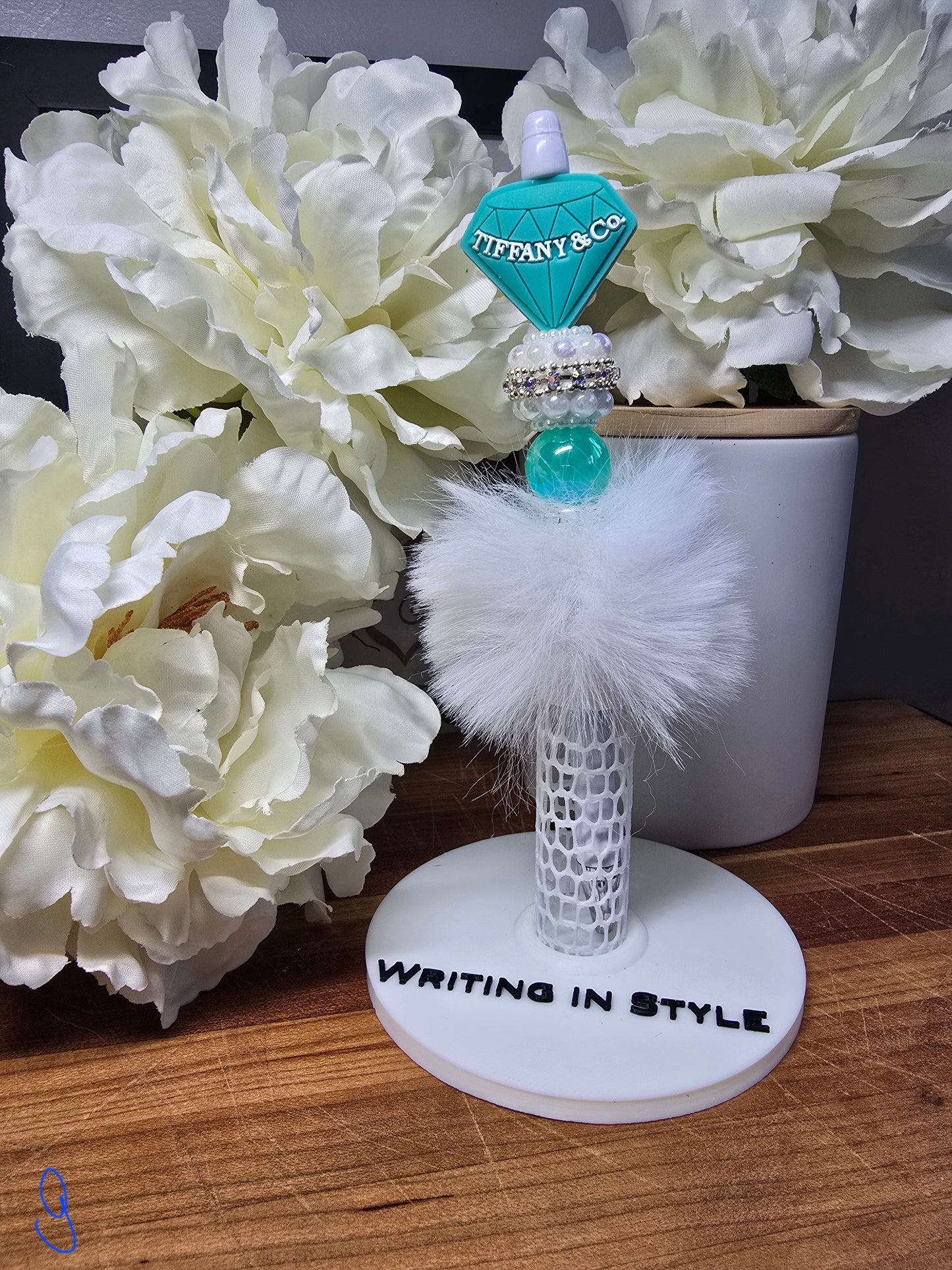 Blue Diamond Pom Beaded Pen
