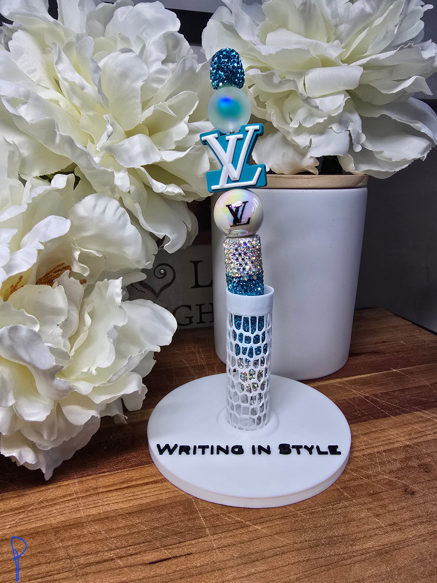 Designer-Inspired Blue Crystal Initial Beaded Pen – Glam Statement Pen
