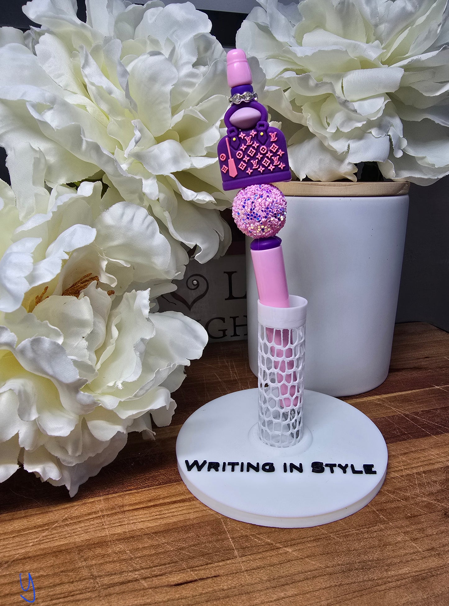 Designer-Inspired Pink & Purple Handbag Beaded Pen – Playful Glam Statement Pen