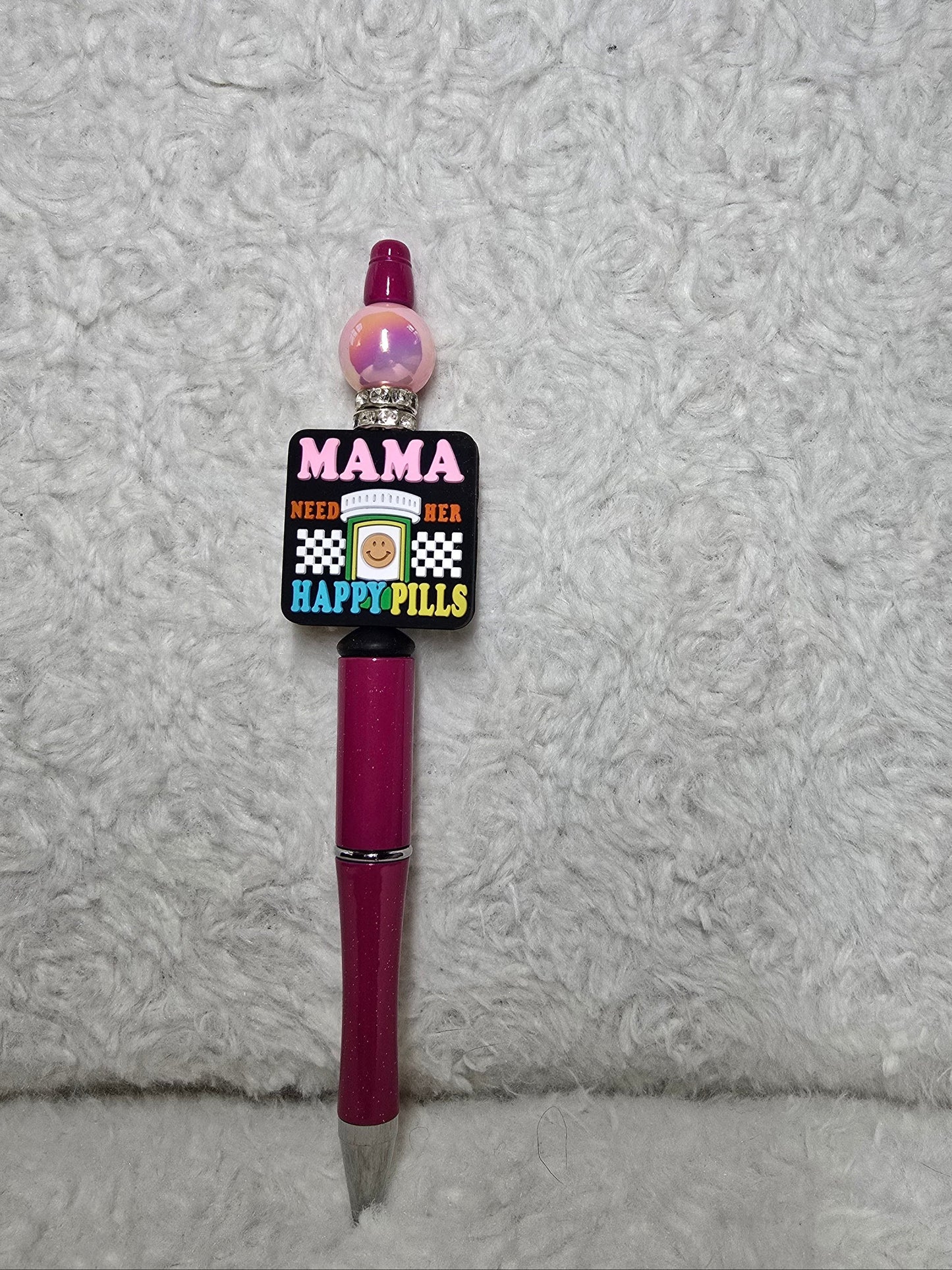 Mama Needs Her Happy Pills Beaded Pen – Berry Pink